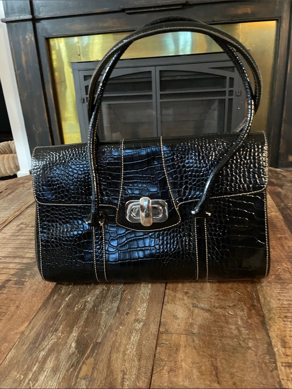 Croc-Embossed Patent Satchel in Black with Silver Turn-Lock